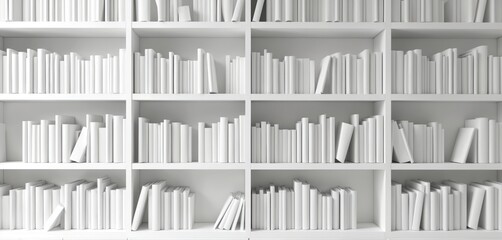 White bookshelves display neat rows of books creating a clean geometric pattern. Uniform book sizes offer an orderly aesthetic for modern home or library interior design.