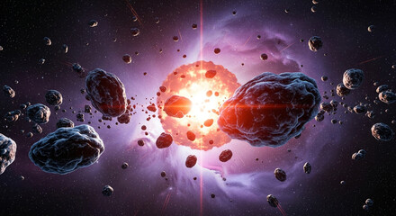 Dramatic asteroid field explodes amidst vibrant cosmic nebula, capturing the immense power and mystery of deep space exploration and celestial events.