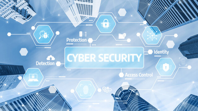 A modern cityscape showcasing cyber security concepts highlighted by digital icons and symbols representing essential aspects of protection and detection. Tessel
