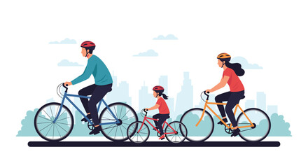 Fototapeta premium A family of three enjoys a bike ride in the city.