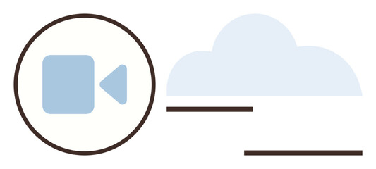 Camera icon enclosed in a circle alongside a cloud shape and minimalistic lines. Ideal for digital media, online storage, streaming, communication, video sharing, internet-based services, simple flat