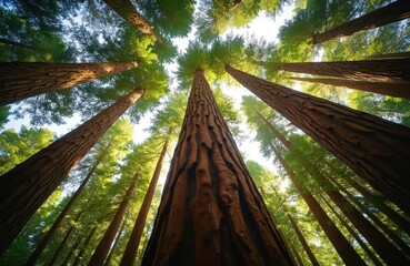 Looking up at giant redwood trees reaching for the sky. Green leaves and branches form a dense canopy overhead. Sunlight filters through the tall forest.