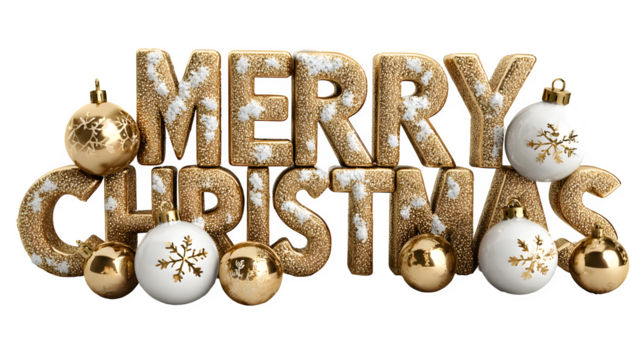 Festive Merry Christmas design with 3D shiny letters, ornaments, and snowflake accents isolated on white background