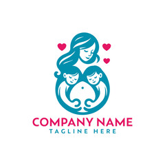 Mother's Love for Two Children Logo, Mother holding two children for a family care vectors illustrations logo