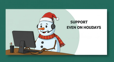 Friendly snowman in headset providing support during holidays  