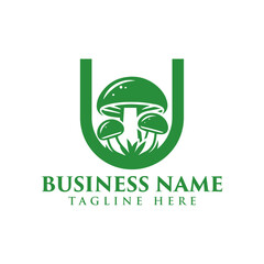 Green mushrooms inside a letter U for an organic brand vectors illustrations logo