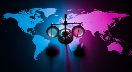 Symbolizing global justice and international law, a vintage balance scale rests on a vibrant world map illuminated by contrasting blue and pink neon lights