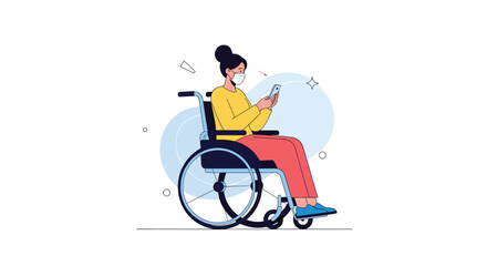 Person in wheelchair using smartphone and wearing mask.