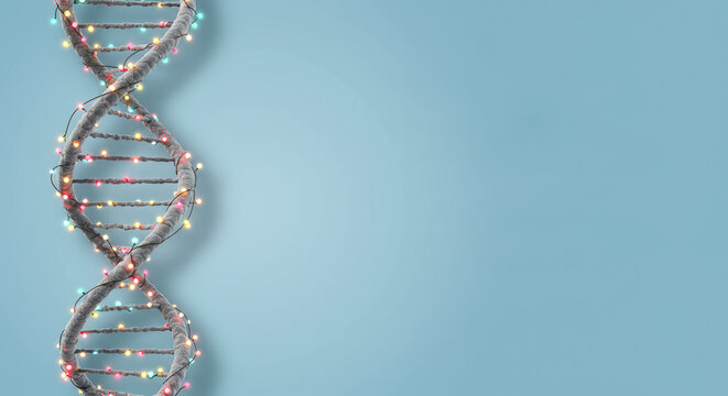DNA helix model decorated with colorful lights on blue background