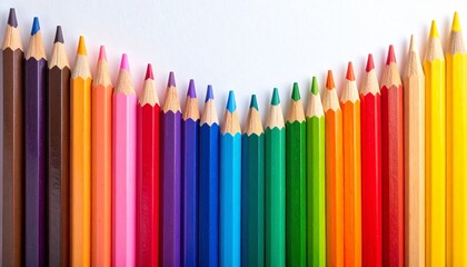 Gradient row of vertically aligned colored pencils forming symmetrical V-shape, transitioning from dark to light hues.