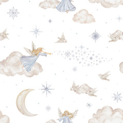 Seamless pattern with cute Christmas angel trumpets with light hair and blue dress. Hand drawn illustration repeat ornament with snowflakes children's design and beige birds among the clouds moon.