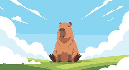 A friendly capybara sits peacefully in a grassy field under a blue sky with fluffy clouds.