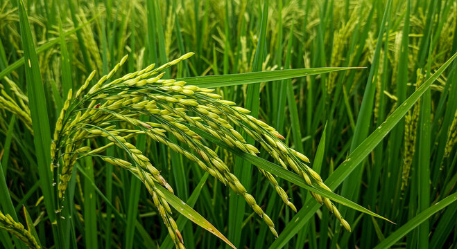 Closeup of a lush green rice paddy field with unripe grains swaying gently in the breeze
