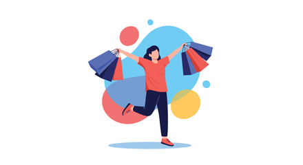 A happy person with many shopping bags enjoys a day of retail therapy.