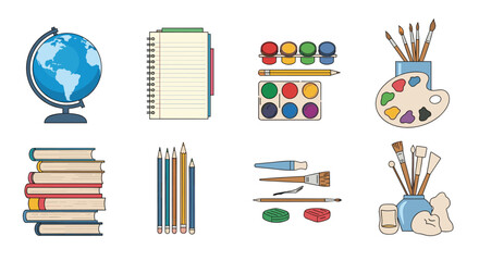 A collection of school supplies including a globe a stack of books and art materials.