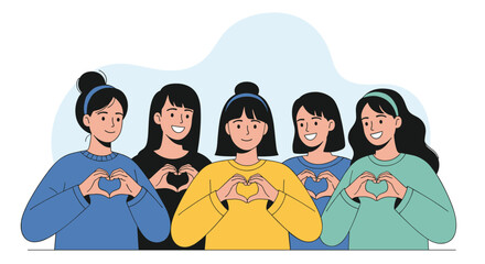 A group of diverse young women forming heart shapes with their hands and smiling.