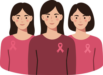 Fototapeta premium Group of women wearing pink shirts with breast cancer awareness ribbons supporting health cause vector illustration 