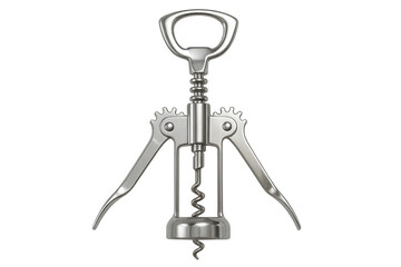 Metal winged corkscrew removing bottle stopper, bar tool for opening wine accessory, kitchen utensil on transparent background