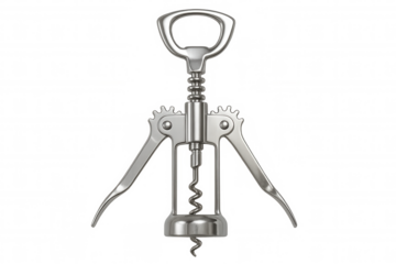 Metal winged corkscrew removing bottle stopper, bar tool for opening wine accessory, kitchen utensil on transparent background