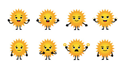 A collection of cartoon sun characters displaying various emotions and gestures.