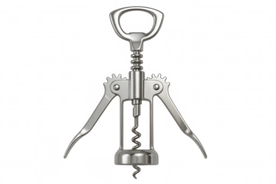 Metal winged corkscrew removing bottle stopper, bar tool for opening wine accessory, kitchen utensil on transparent background
