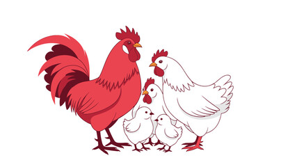 A proud rooster with his hens and chicks on a farm.