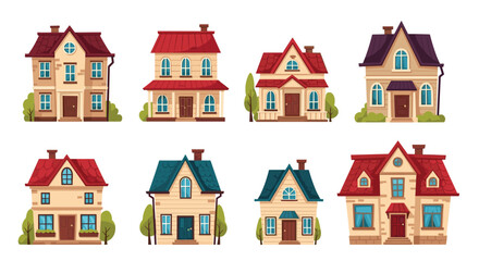 Collection of diverse small cartoon houses with varying rooflines and windows.