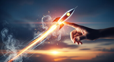 Dynamic rocket launch with hand touch against sunset sky, symbolizing innovation, success, and business growth in a modern world