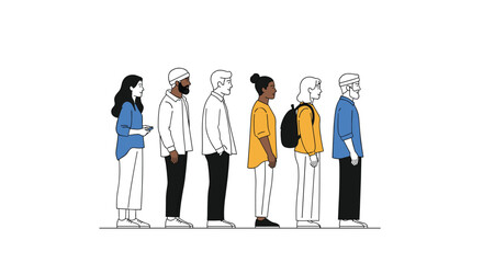 A diverse group of people stand in a line.