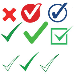 Colorful Check Mark and Tick Icon Set on White Background
