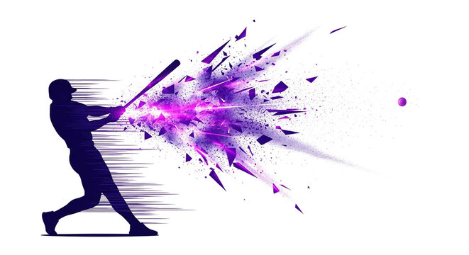 Dynamic baseball player silhouette with abstract purple energy explosion effect, perfect for sports branding, team logos, or powerful athletic visuals