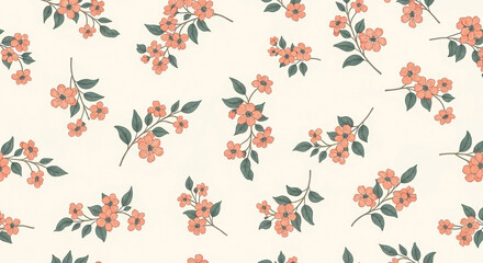 Delicate coral floral pattern with green leaves scattered elegantly across a soft cream background, perfect for spring designs and feminine branding.