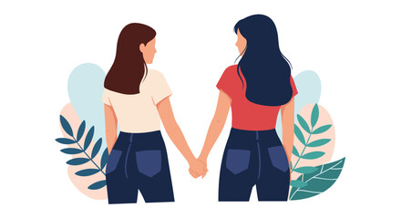 Two women holding hands and looking forward in a romantic gesture.