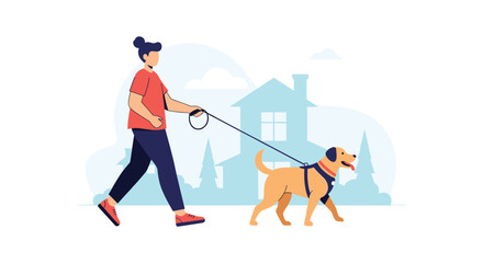 A person walks their dog on a leash down a street in a neighborhood.