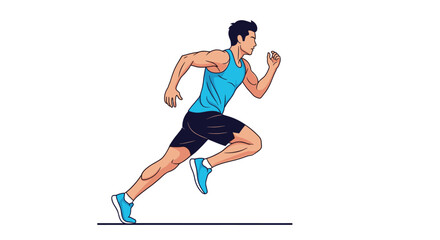 An athletic man is sprinting quickly on a white background.