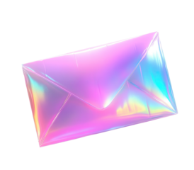 Iridescent envelope with pastel hues, glossy sheen, floating on black