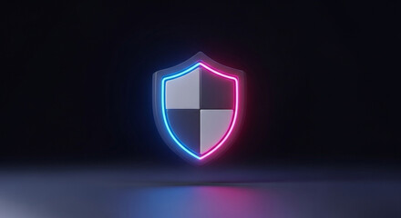 Dynamic neon shield symbolizes robust digital security, data protection, and modern cyber defense strategies against threats.