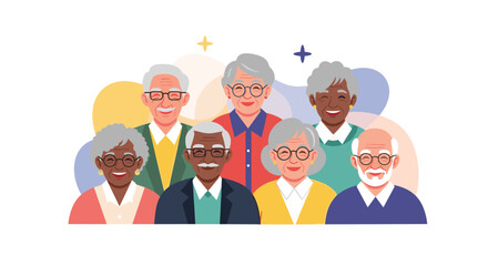 A diverse group of happy elderly people smiles together.