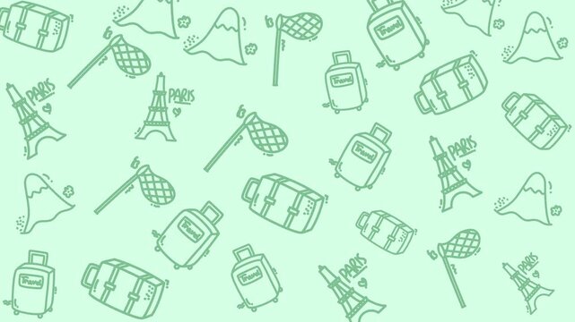 Patterned Travel Icons Featuring Eiffel Tower, Suitcases, and Nets on Mint Background, Graphic Illustration, Flat Design, Repetitive Travel Motif