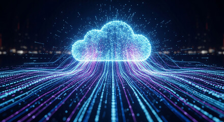 Stunning digital cloud network downloads data streams creating vibrant futuristic technology concept with glowing particles and city lights background