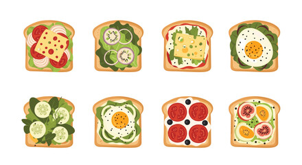 A variety of delicious open-faced sandwiches and toasts on a white background.