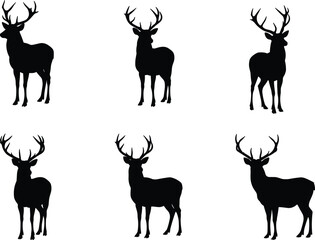Deer silhouette, antler wildlife, black animal shapes, forest creature, hunting icon, nature illustration, stag pose, rustic design, vector art