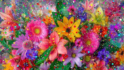 Vibrant Abstract Floral Background with Confetti and Bright Flowers for Spring or Party Decor,Bold Multi-Colored Floral Pattern for Textile and Festive Wallpapers