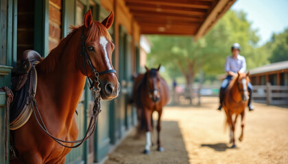 Equestrian stable scene with a chestnut horse wearing saddle standing in stall. A rider on a horse rides at the background. Horsemanship and equine care is present.