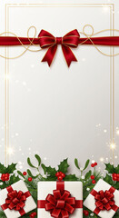 Festive Christmas holiday background with red ribbon bows, gift boxes, and holly. Elegant vertical frame with sparkling lights and copy space for greetings