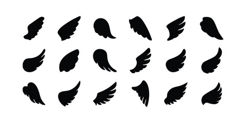 wings, silhouette, angel, bird, feather, shape, icon, graphic, design, element, collection, set, black, white background, fantasy, mythology, freedom, flight, abstract, symbol, various, styles, sizes