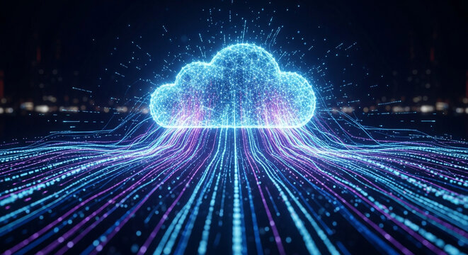 Stunning digital cloud network downloads data streams creating vibrant futuristic technology concept with glowing particles and city lights background