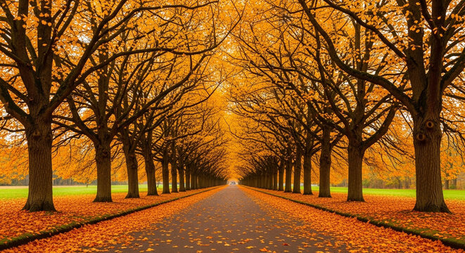 Vibrant autumn avenue lined with golden trees and carpeted with fallen leaves creates a breathtaking, picturesque pathway to explore. - Powered by Adobe