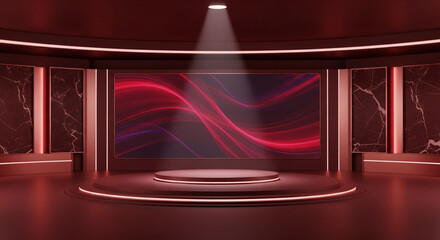 Sleek modern studio with illuminated stage and vibrant abstract screen perfect for presentations, broadcasts, and virtual events