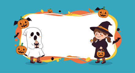 Naklejka premium Happy halloween celebration with cute ghost and witch in costume